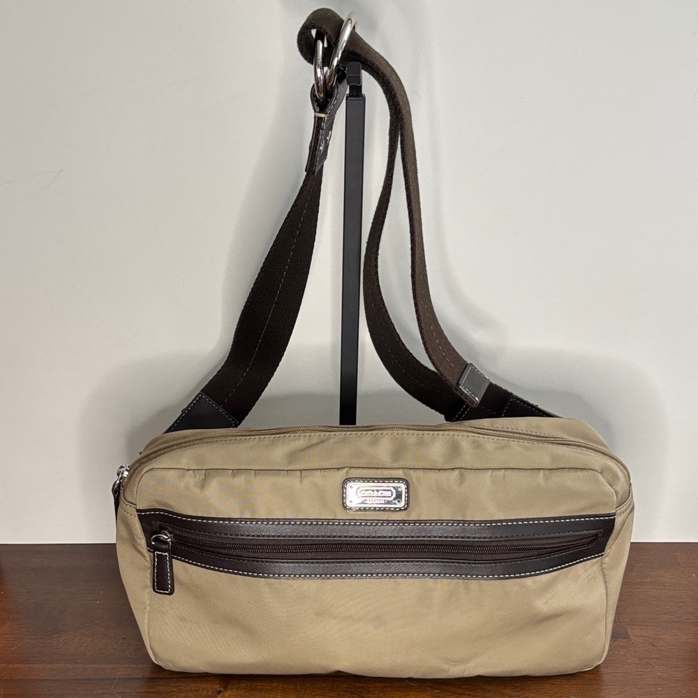 Coach Nylon Tan Khaki Zip Crossbody Waist Belt Bag With Brown Leather Trim